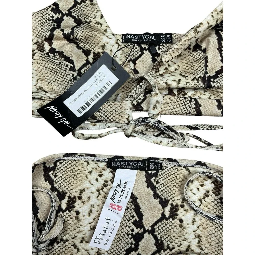 Nasty Gal Snake Print Black/Beige 2-Piece Bikini Tie Front Top Tie Side Bottom 8